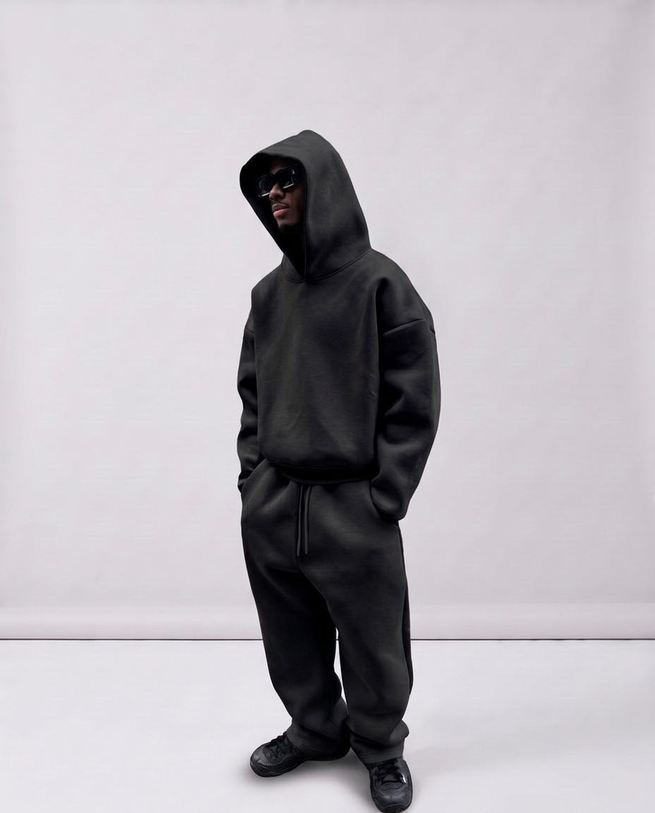 Heavyweight Boxy Fleece Set Black con capucha puesta, vista lateral