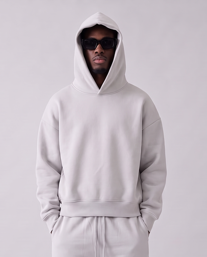 Heavyweight Boxy Fleece Set Grey con capucha puesta