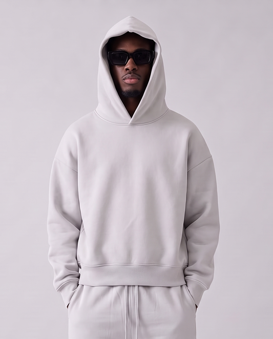 Heavyweight Boxy Fleece Set Grey con capucha puesta