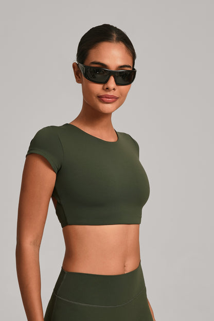 Flow Open-Back Crop Top - Verde olivo