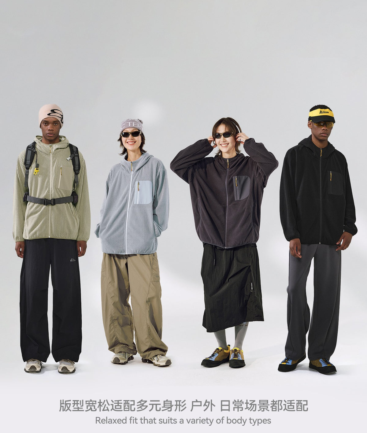 Wave Fleece Hooded Jacket en sus cuatro colores con modelos