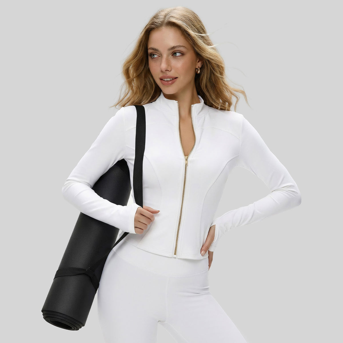 Gold Zip Yoga Jacket White